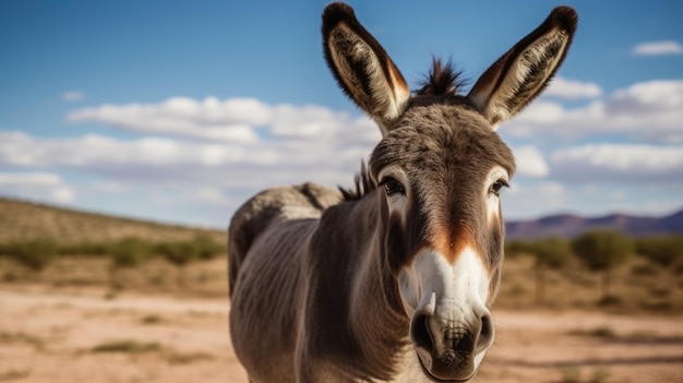 A donkey in the desert with a blue sky in the background