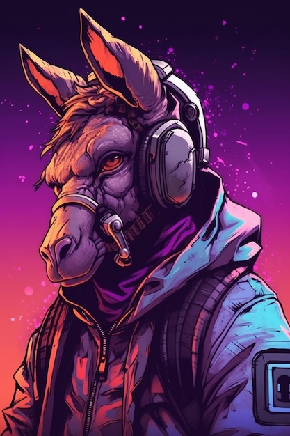 A donkey in a jacket with a microphone in his ears.