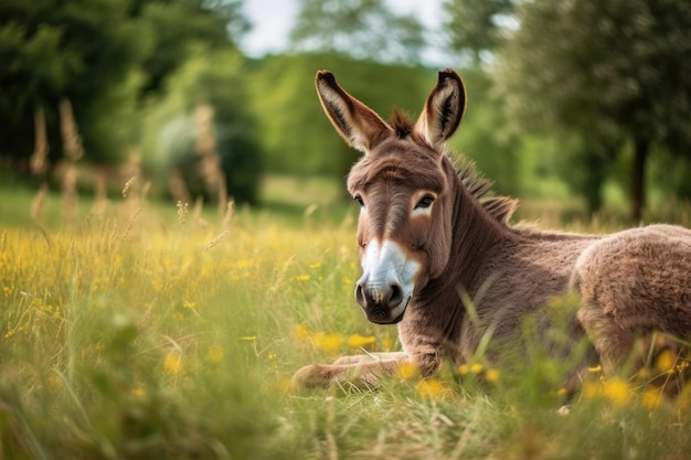 Donkey lying in a field Generative AI