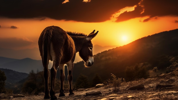 Donkey observing sunset in Bulgaria and its unique European form silhouette concept