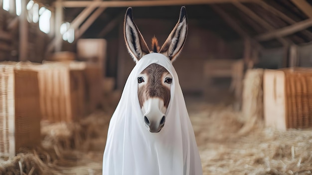 Photo donkey in a white sheet rustic barn hay background