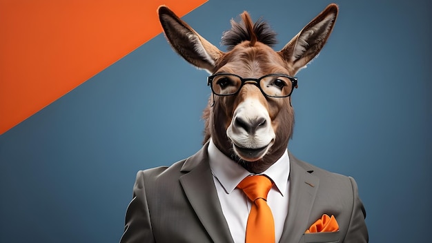 Photo a donkey with a blue tie and a suit ona donkey with a red tie and a brown and white head