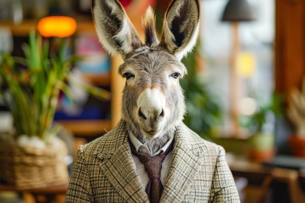 Donkey with suit and tie on its body