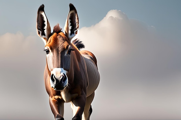 A donkey with a white face and black ears is walking in front of a sky