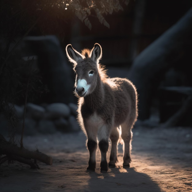 A donkey with a white face and a black nose is standing in the dirt.