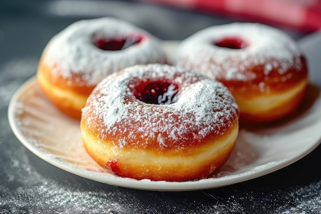 Donut berliner on white plate Sufgania with powdered shugar and jam