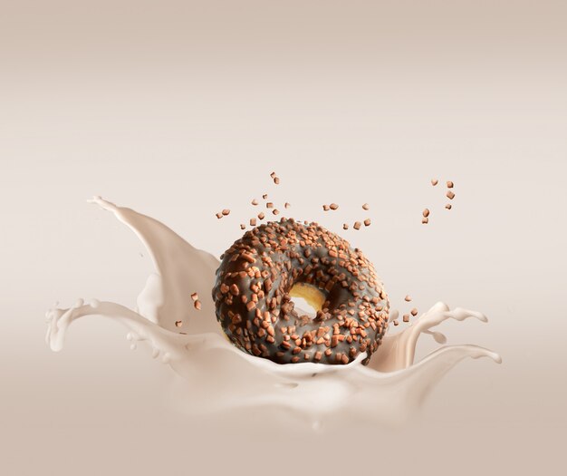 Donut dropped in cream with splash and flying particular