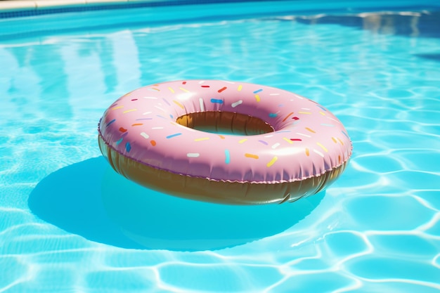 A donut floating in a pool with a pink donut ring.