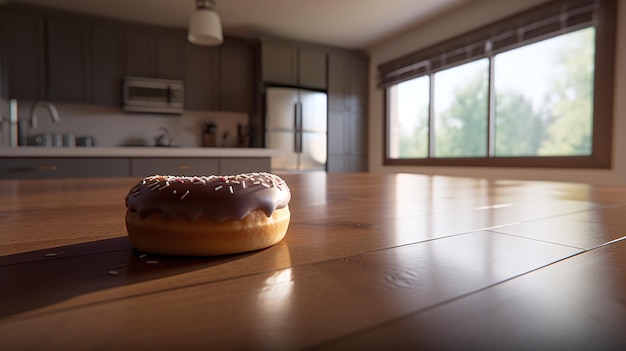 A donut on a table in a kitchen with a window in the background.