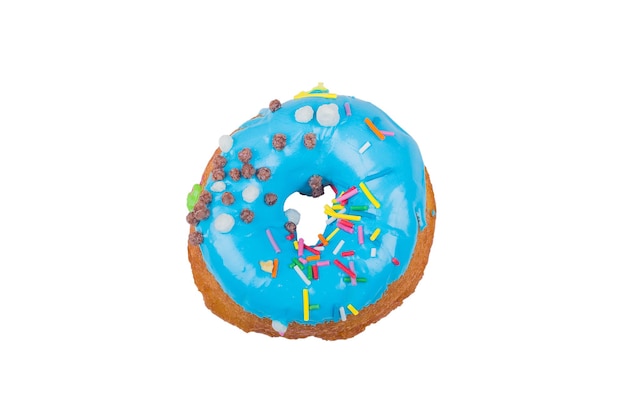 Donut with blue glaze isolated on white background