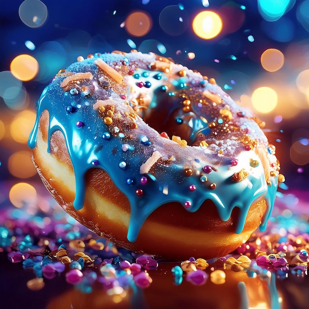 a donut with blue icing and sprinkles on it