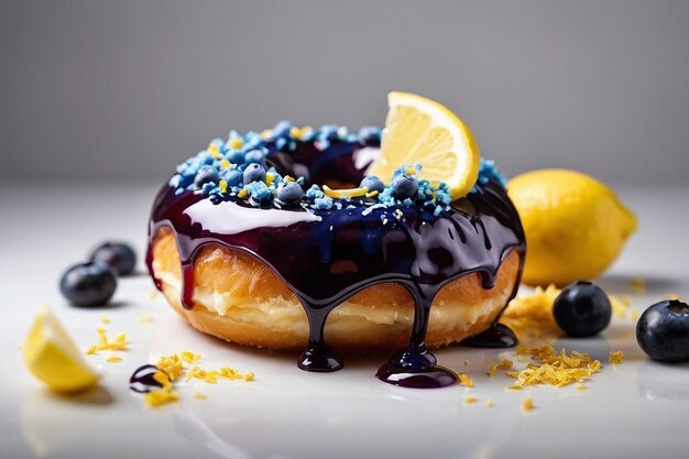 Photo donut with a blueberry glaze and lemon zest realistic