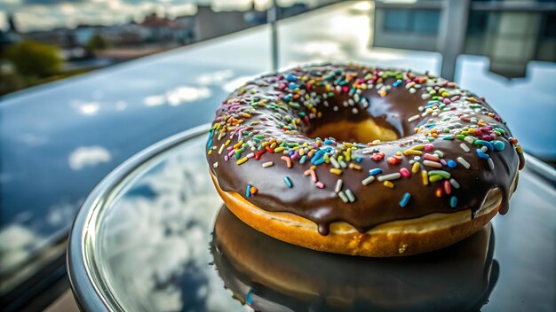 Photo a donut with chocolate frosting and sprinkles on it