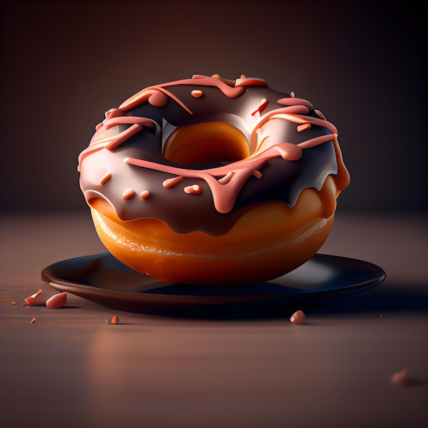 Donut with chocolate glaze on a dark background 3d rendering