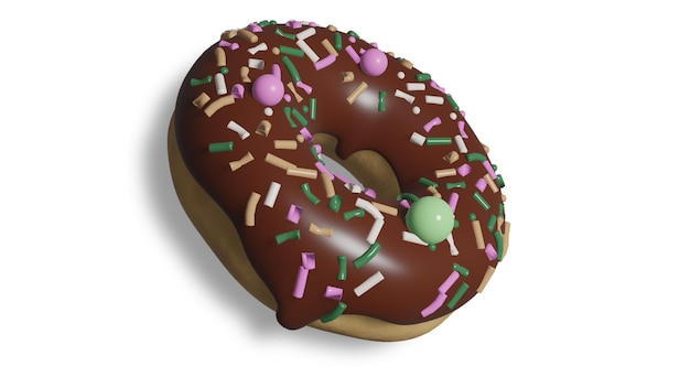 Donut with chocolate icing covered with colorful sprinkles on white isolate 3d rendering Good card