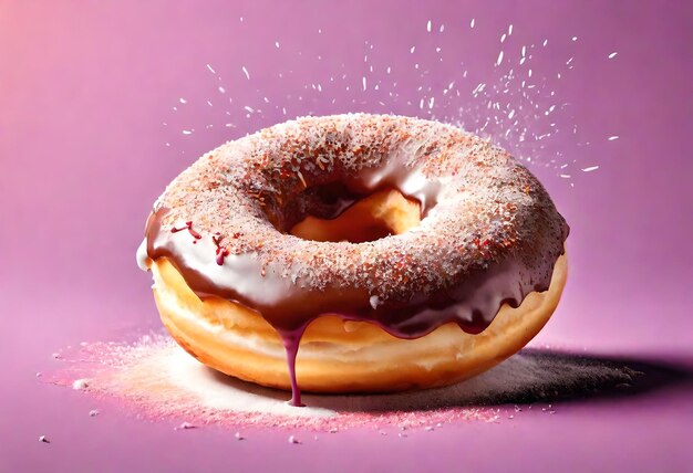 a donut with chocolate icing and a pink background