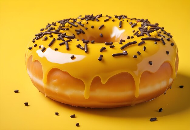 a donut with chocolate sprinkles on it is on a yellow background