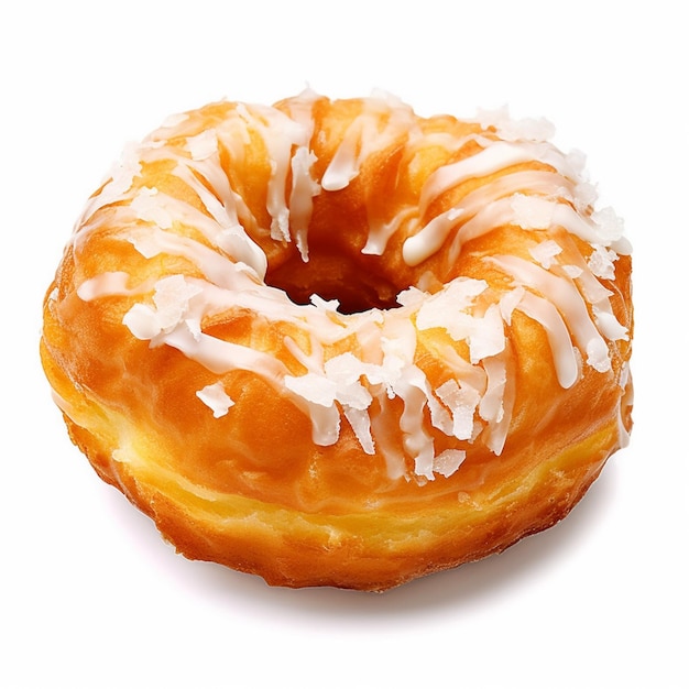 A donut with a coconut glaze is on a white background.