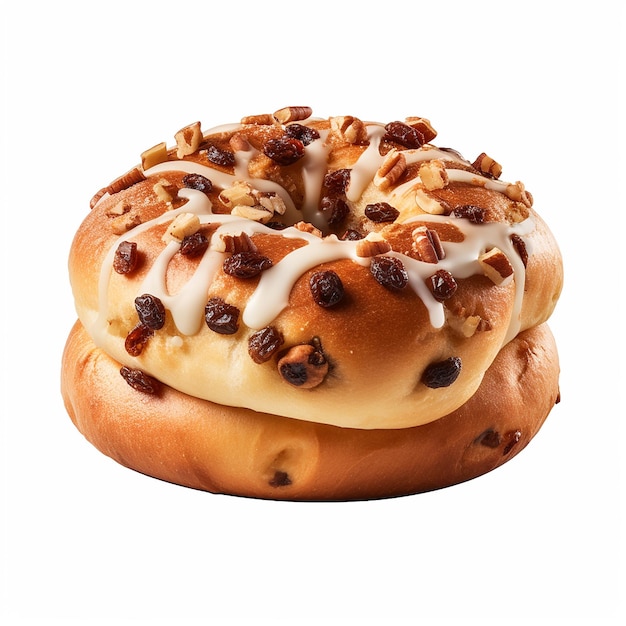 a donut with nuts on it sits on a table