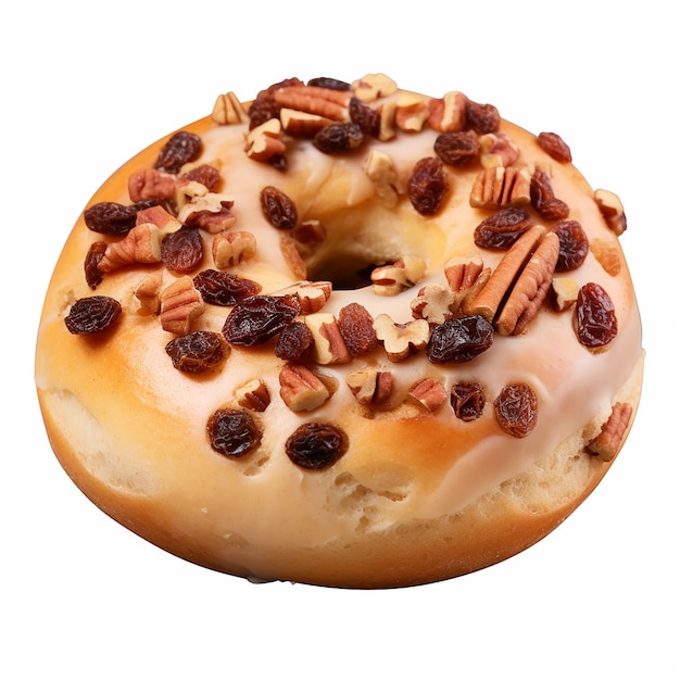 a donut with nuts on it sits on a table