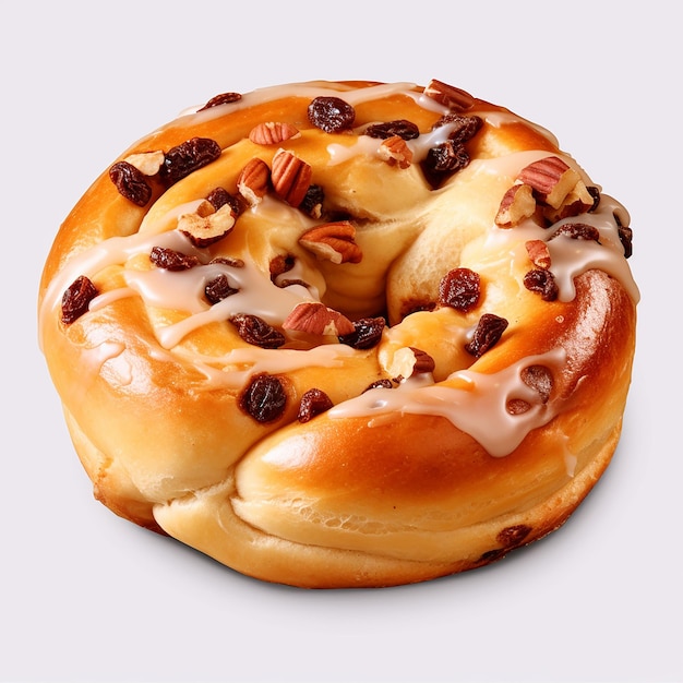 a donut with nuts on it sits on a table