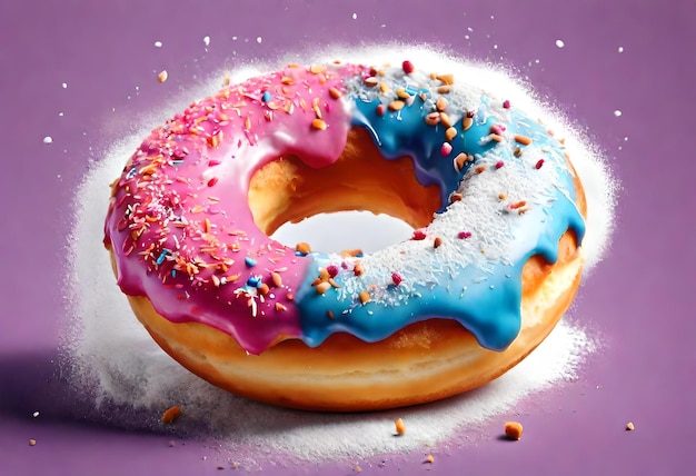 a donut with pink and blue icing and sprinkles on it