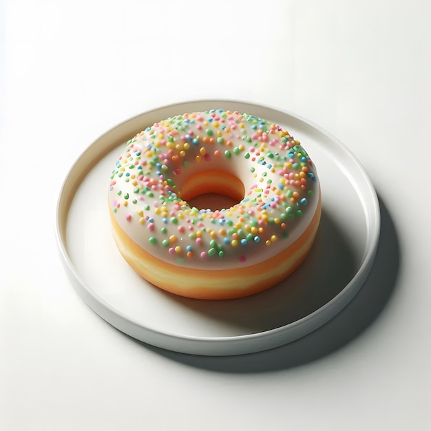 a donut with pink frosting and a yellow sprinkle on it