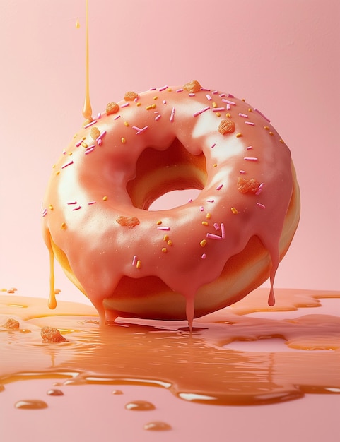 a donut with pink icing and sprinkles on it is sitting on a table