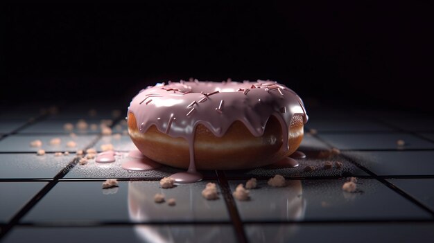 A donut with pink icing and sprinkles on it