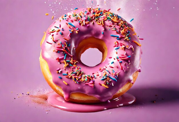 a donut with pink icing and sprinkles on it