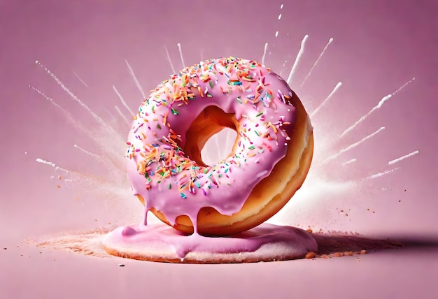 a donut with pink icing and sprinkles on it