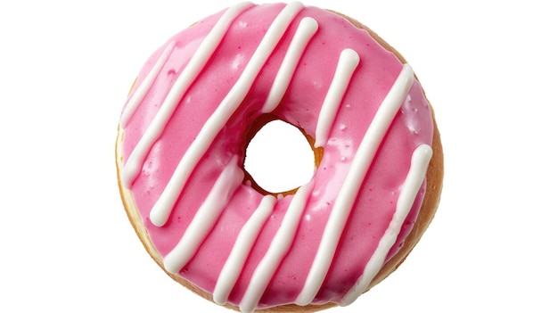 Donut with pink icing and white stripes isolated on white background Top view