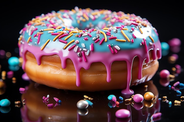 a donut with purple and blue icing and sprinkles on it