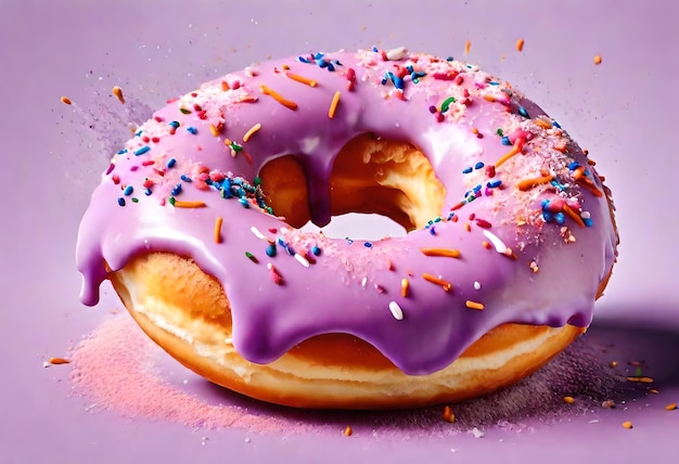 a donut with purple frosting and sprinkles on it