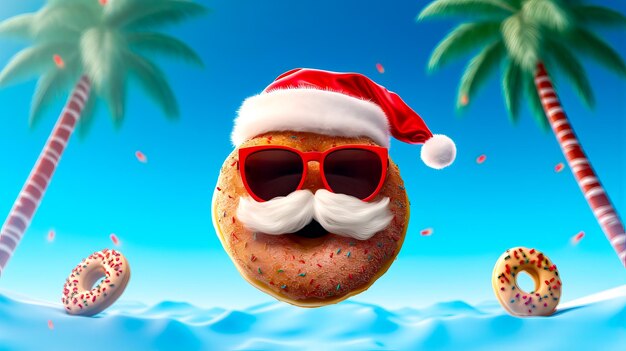 Donut with santa hat and sunglasses is floating in the air Generative AI