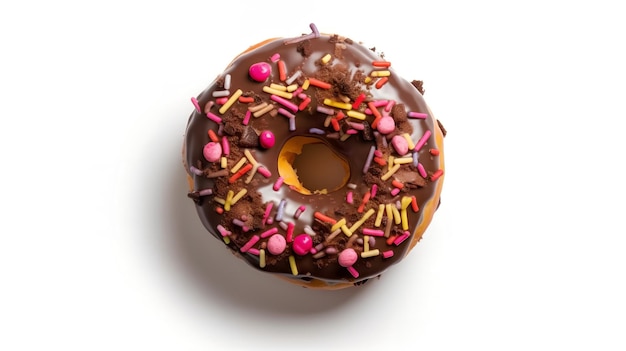 A donut with sprinkles on it is on a white surface.