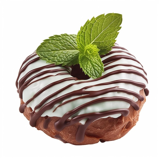 A donut with white and chocolate icing and a mint leaf on top.