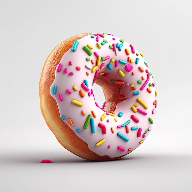 A donut with white frosting and pink sprinkles is upside down.