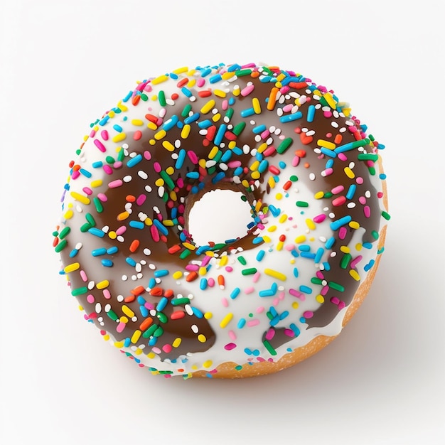 A donut with white frosting and sprinkles on it