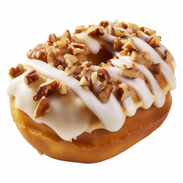 A donut with white icing and nuts on top