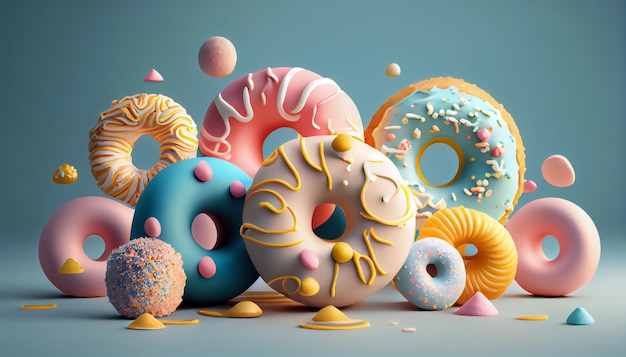 Donuts 3D style Donuts composition vibrant colors and shapes Abstract isolated background scene