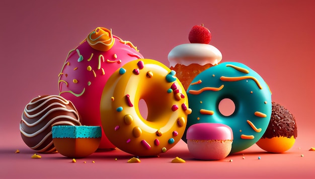 Donuts 3D style Donuts composition vibrant colors and shapes Abstract isolated background scene