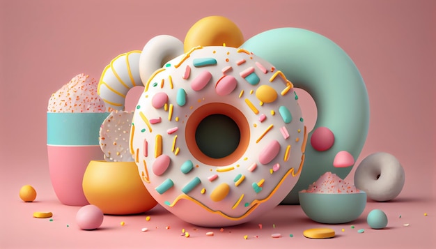 Donuts 3D style Donuts composition vibrant colors and shapes Abstract isolated background scene