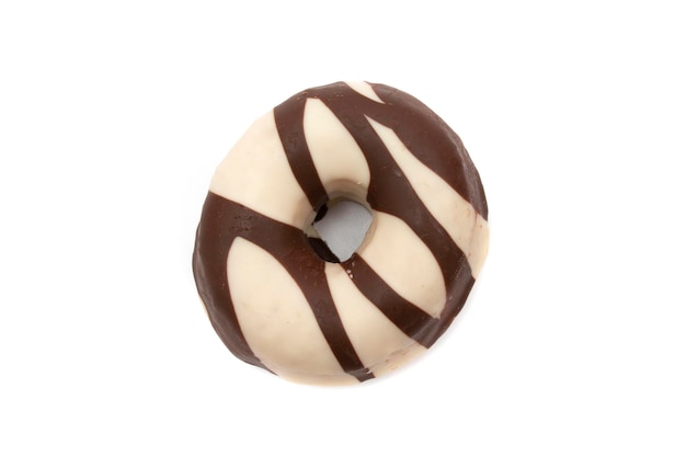 Donuts covered with chocolate and white chocolate, isolated in white background.