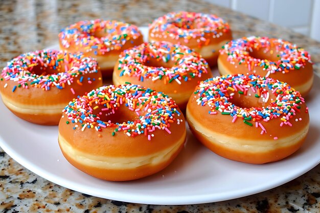 Donuts decorated with sprinkles on white plate