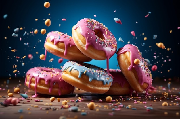 Donuts in flight adorned with colorful sprinkles sweet food concept