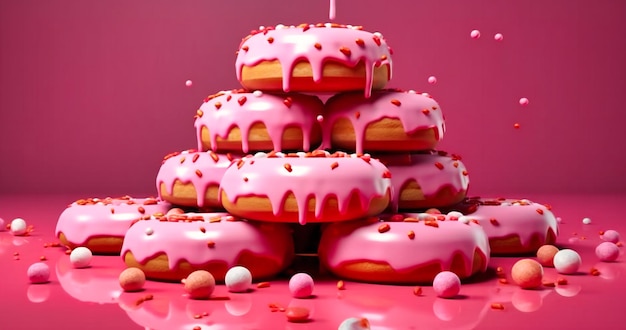 Donuts in pink are sitting on top of donut holes