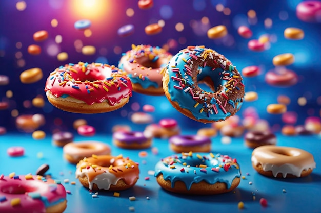 Donuts selection flying on blue background Various doughnuts isolated on colorful background