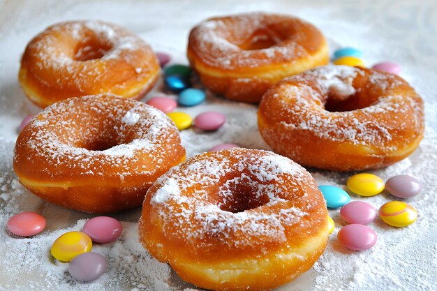 Donuts sprinkled with icing sugar and candy on a white surface