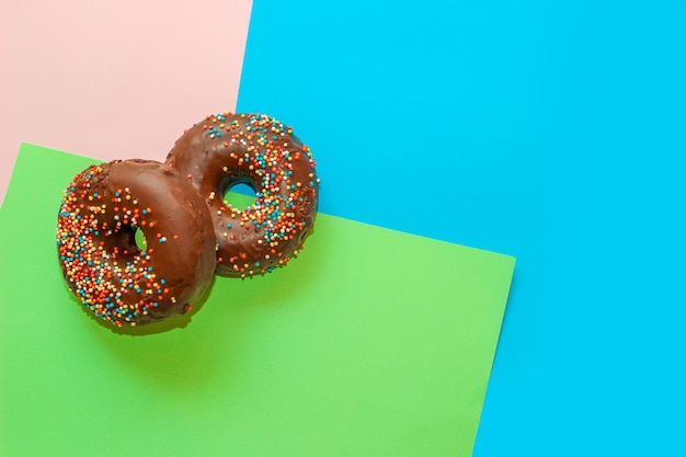 Donuts with chocolate glaze and colored sprinkles of round shape on a colored background